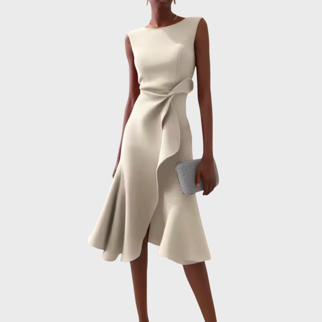 Mireille | Dames Midi Jurk Mouwloos Ruche Zoom Strikceintuur