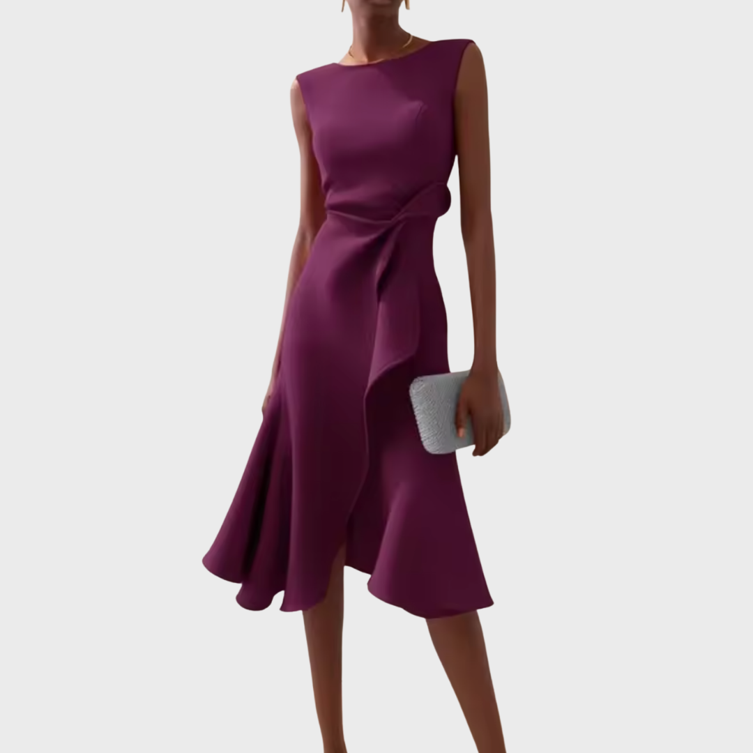 Mireille | Dames Midi Jurk Mouwloos Ruche Zoom Strikceintuur