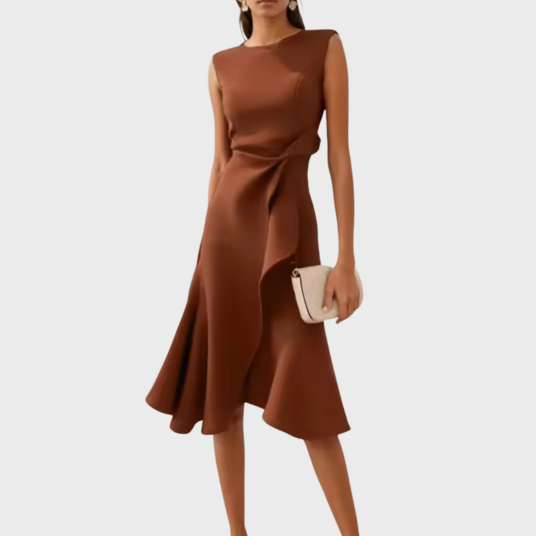 Mireille | Dames Midi Jurk Mouwloos Ruche Zoom Strikceintuur