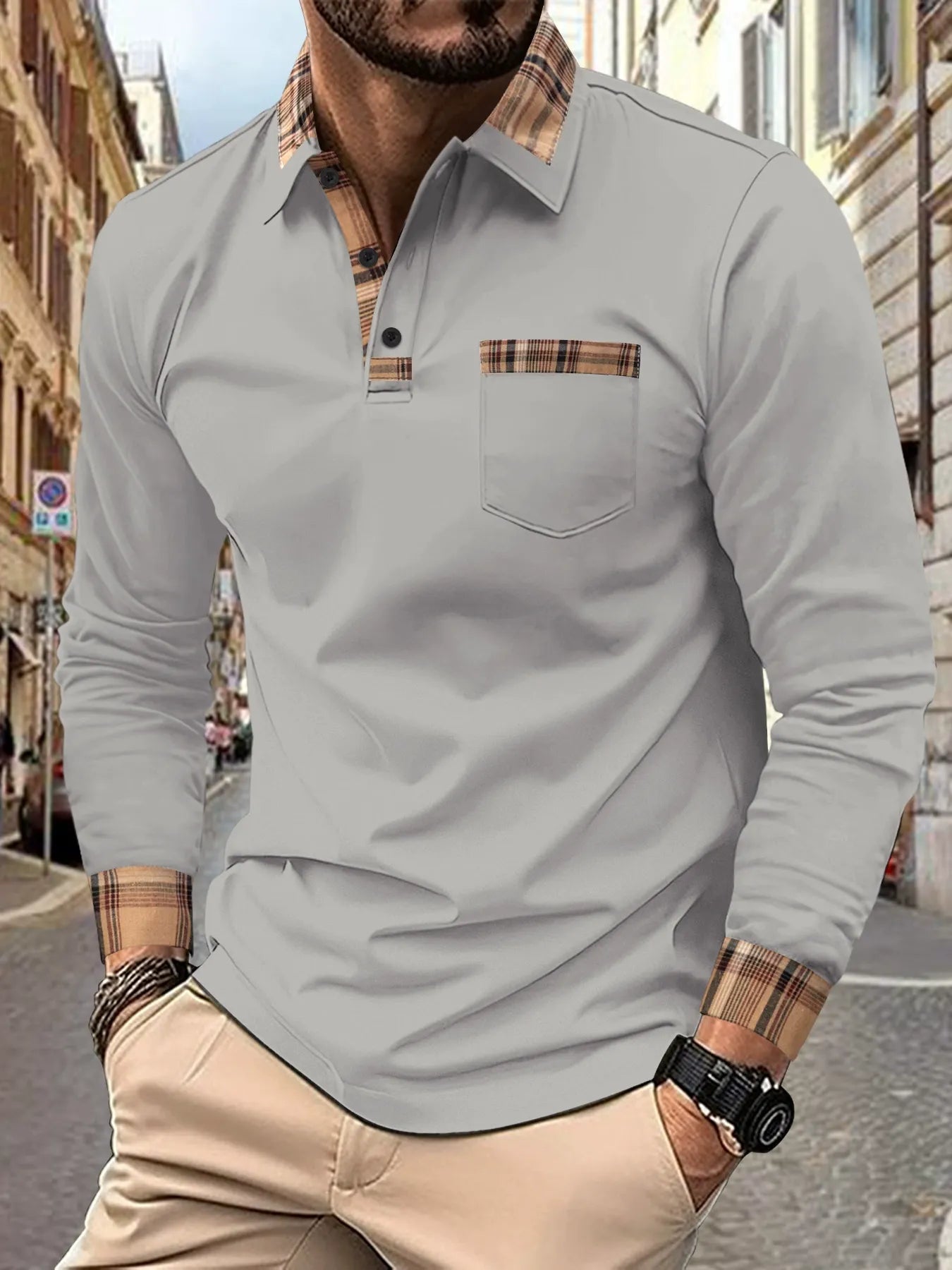 Pola | Heren Poloshirt Lange Mouwen Ruitaccenten 4