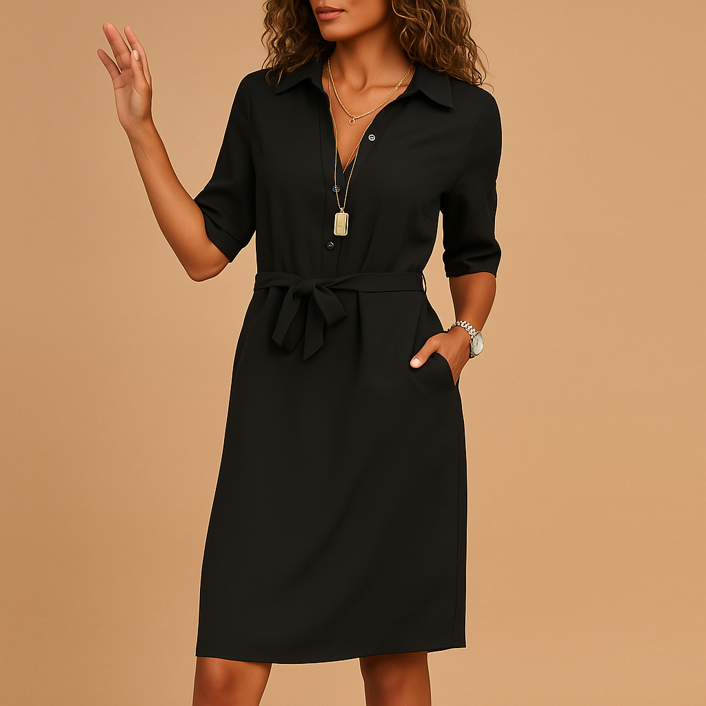 Selvana | Dames Kraag Halve Mouw Riem Elegant Midi Jurk