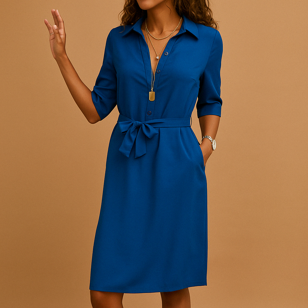 Selvana | Dames Kraag Halve Mouw Riem Elegant Midi Jurk