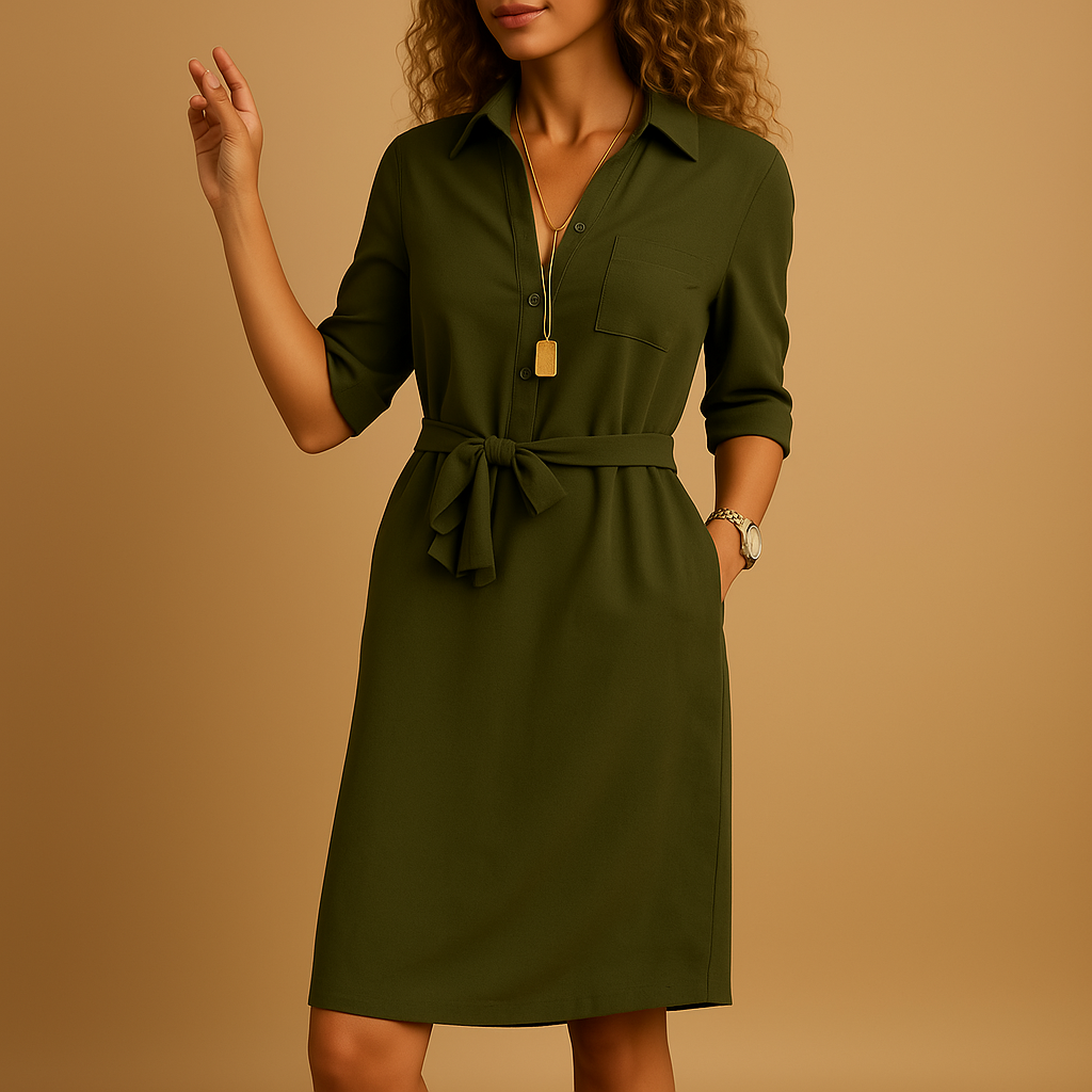 Selvana | Dames Kraag Halve Mouw Riem Elegant Midi Jurk