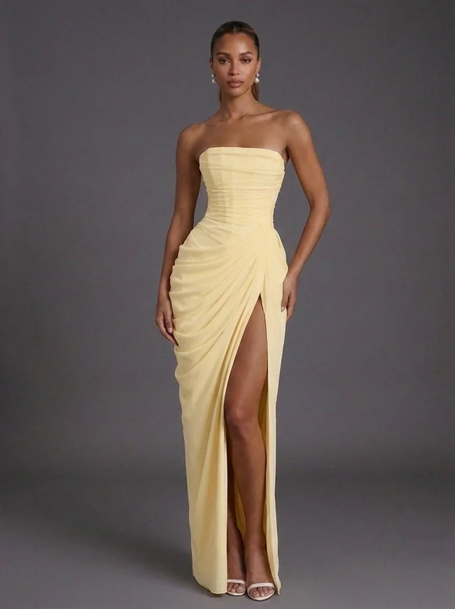 Aline | Dames Strapless Corset Maxi Jurk met Split Botergeel