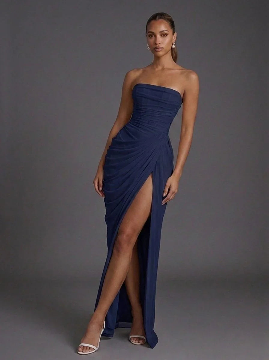 Aline | Dames Strapless Corset Maxi Jurk met Split Marineblauw