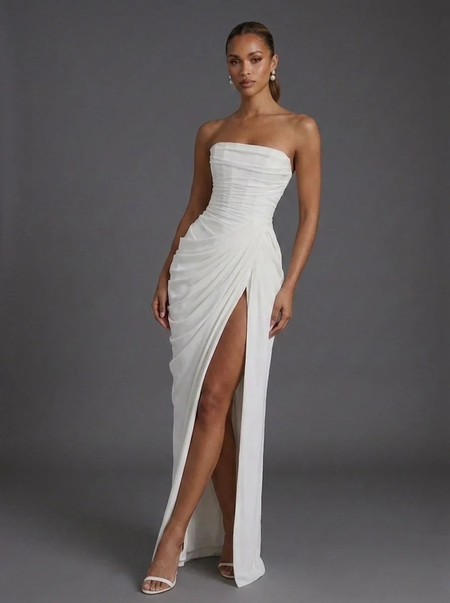 Aline | Dames Strapless Corset Maxi Jurk met Split Wit
