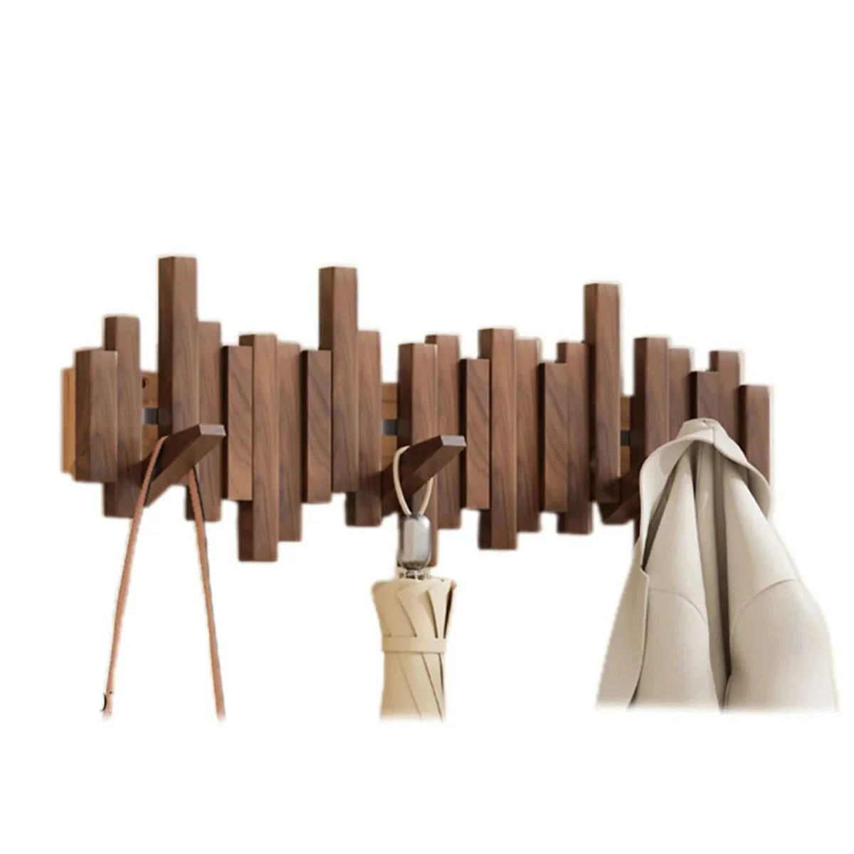 Close-up van de Elegante Houten Kapstok Pianostijl met pianotoets-geïnspireerd design in walnoothout
