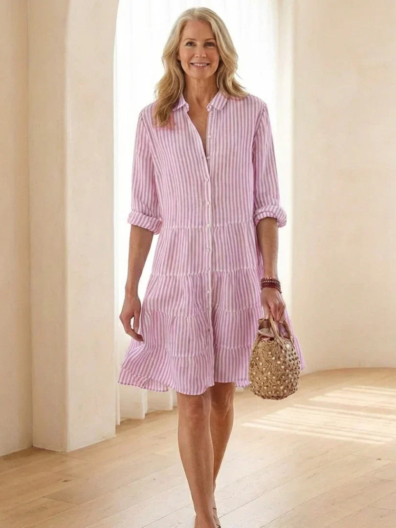 Aline | Gestreepte Blousejurk Driekwart Mouwen Paars