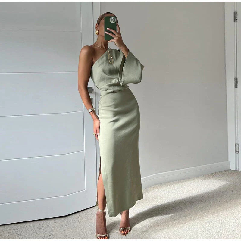 Aline | One-Shoulder Maxi Jurk Amazone Groen