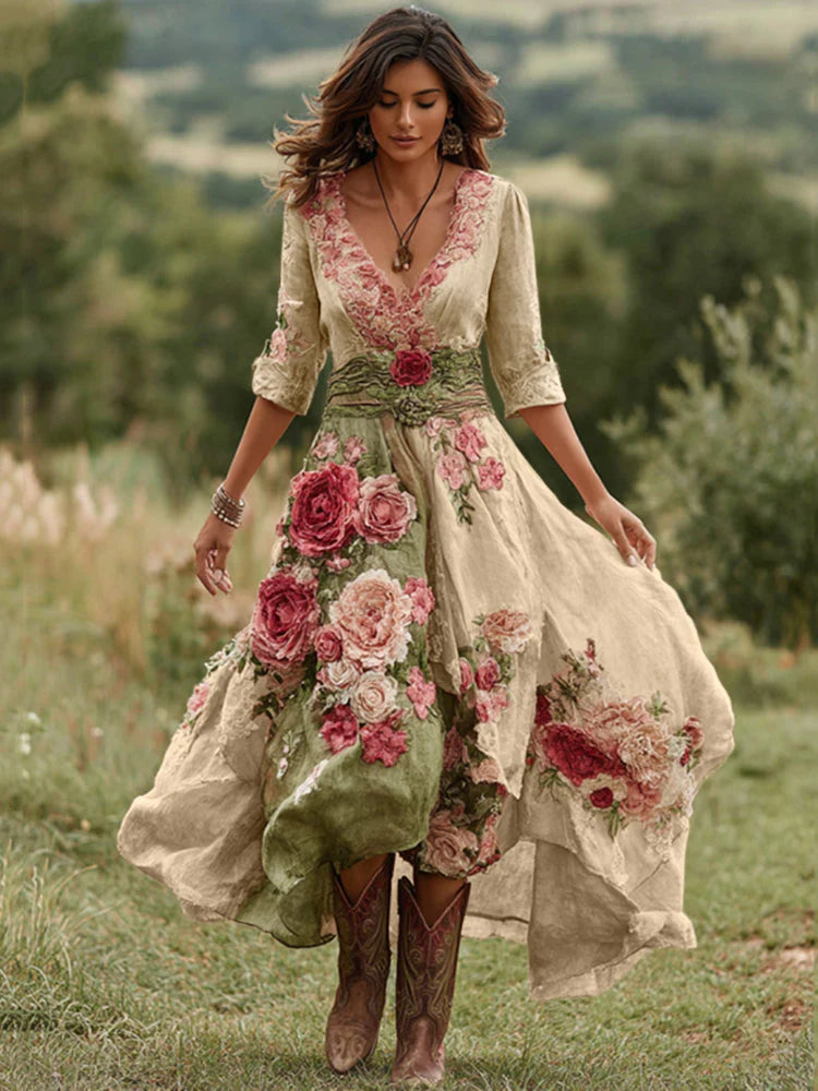 Achterkant bloemen midi jurk met V-hals overslag en vintage bloemenpatroon