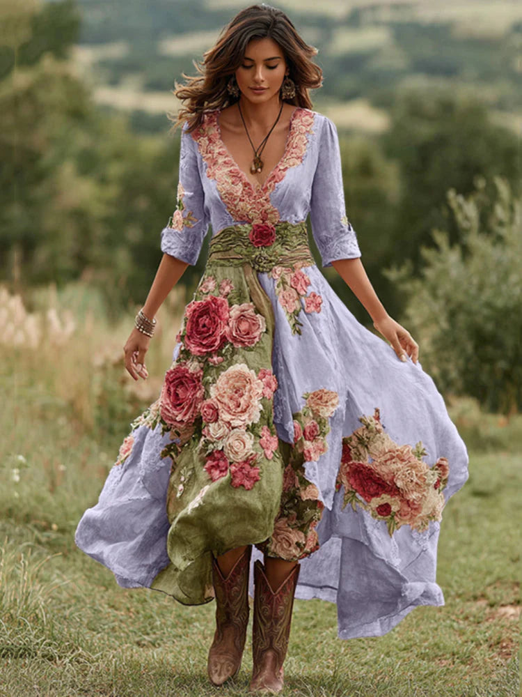 Volledige lengte bloemen midi jurk met asymmetrische zoom en boho details