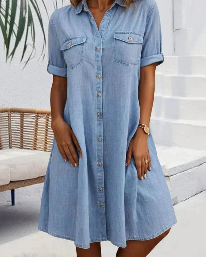 Anna | Dames Denim Blousejurk met Knoopsluiting Blauw