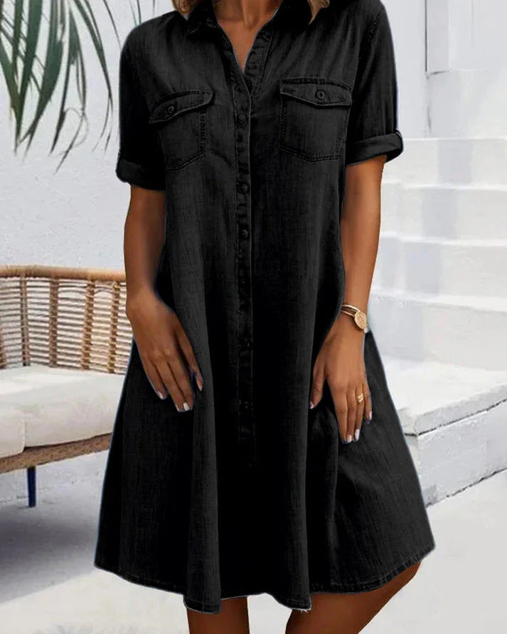 Anna | Dames Denim Blousejurk met Knoopsluiting Zwart