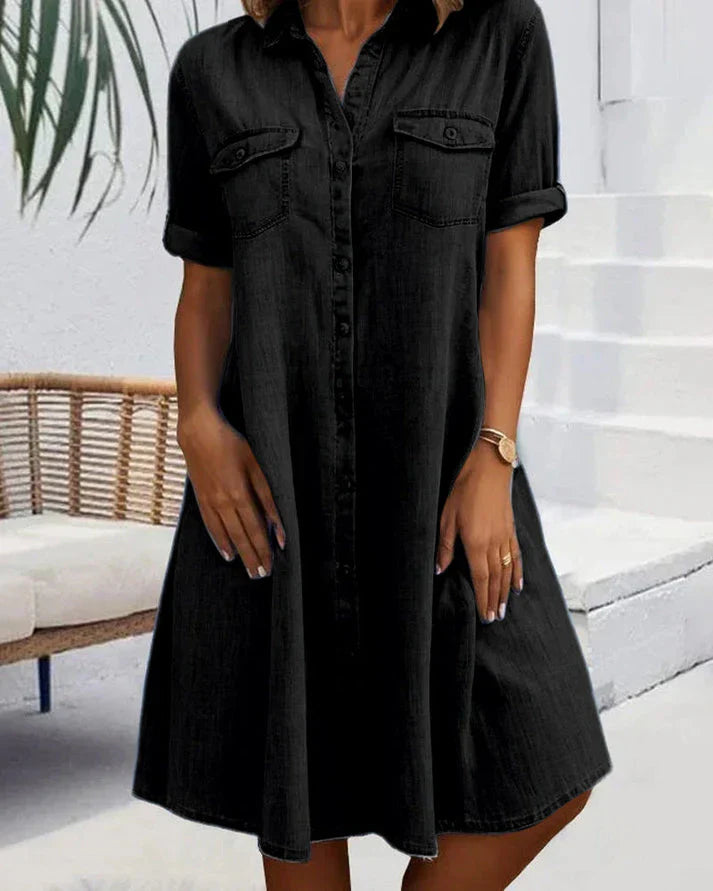 Anna | Dames Denim Blousejurk met Knoopsluiting Zwart