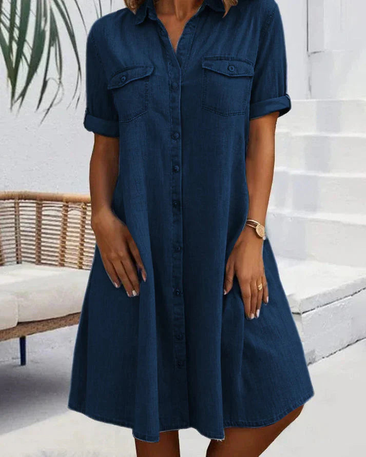Anna | Dames Denim Blousejurk met Knoopsluiting Marineblauw