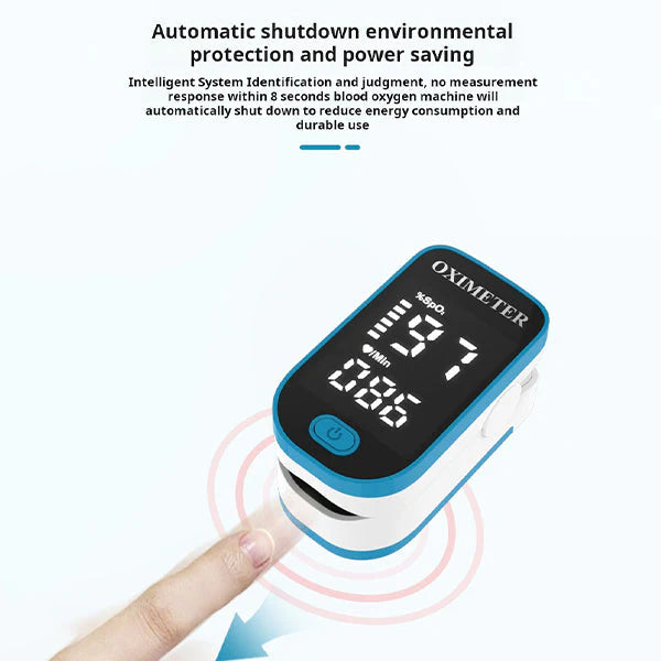Blauwe vingertop oximeter met LED display voor bloedzuurstof en hartslag controle