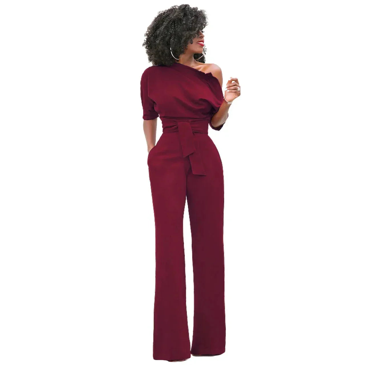 Anouk | Jumpsuit met Open Schouder en Strikband Bordeaux