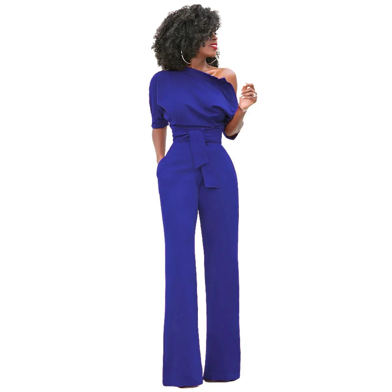 Anouk | Jumpsuit met Open Schouder en Strikband Kobaltblauw