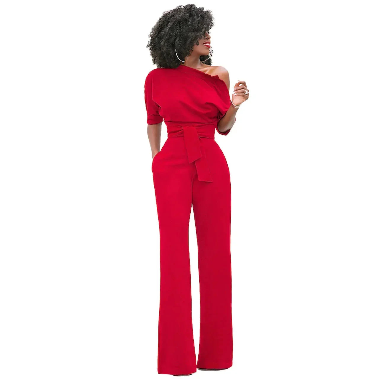 Anouk | Jumpsuit met Open Schouder en Strikband Rood