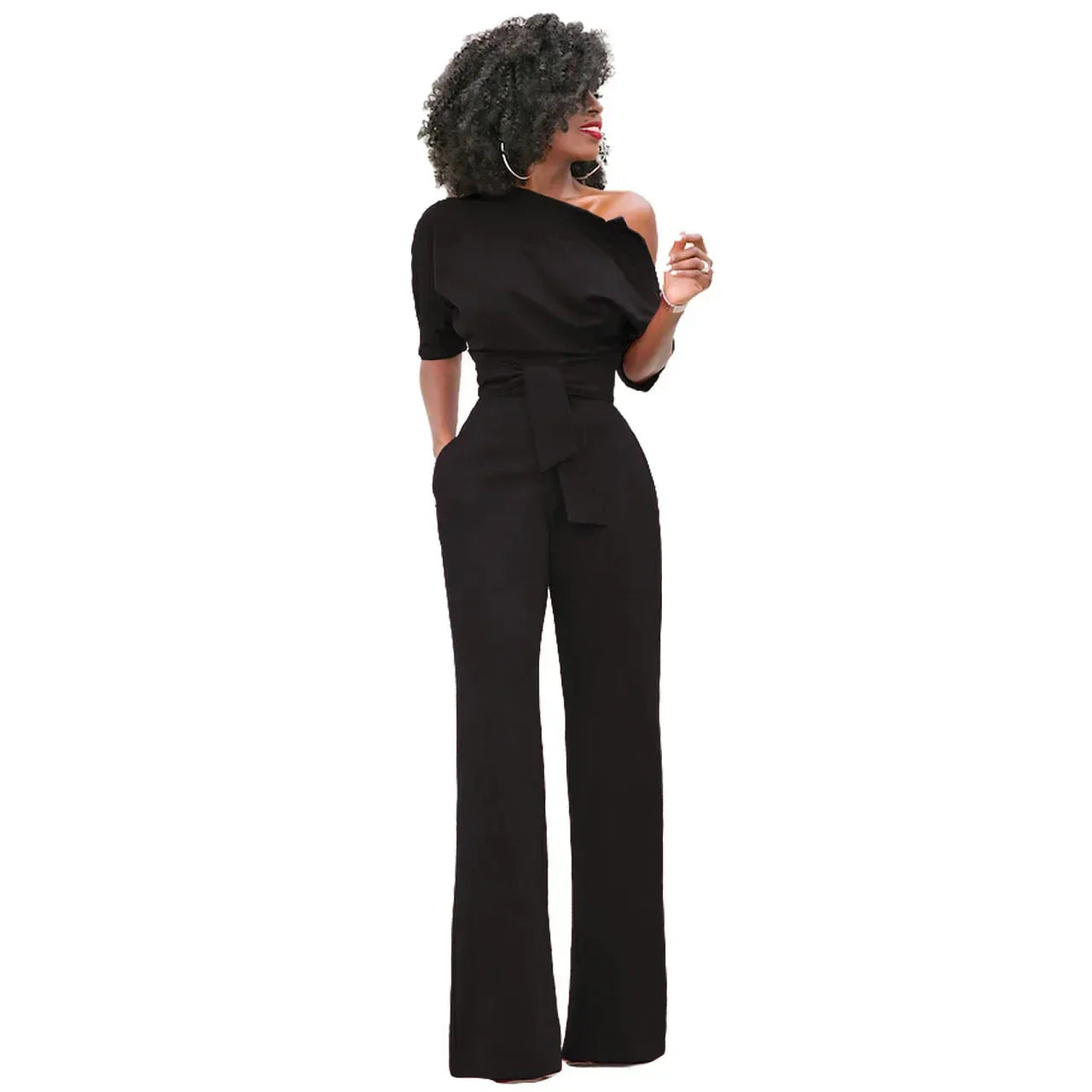 Anouk | Jumpsuit met Open Schouder en Strikband Zwart