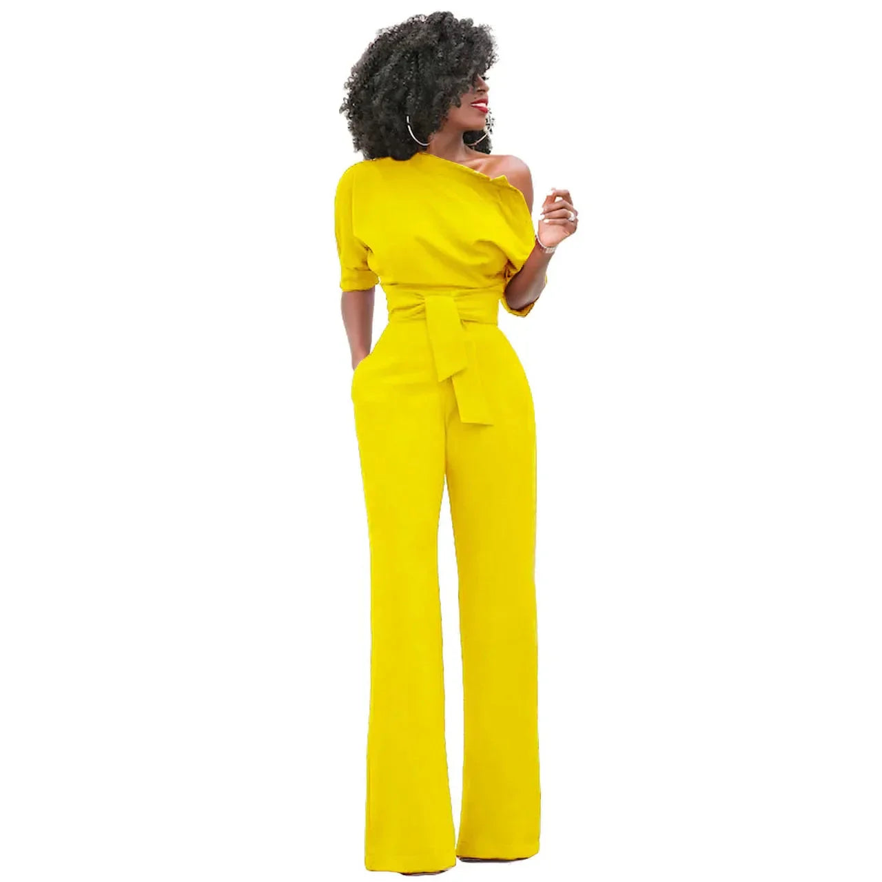 Anouk | Jumpsuit met Open Schouder en Strikband Geel