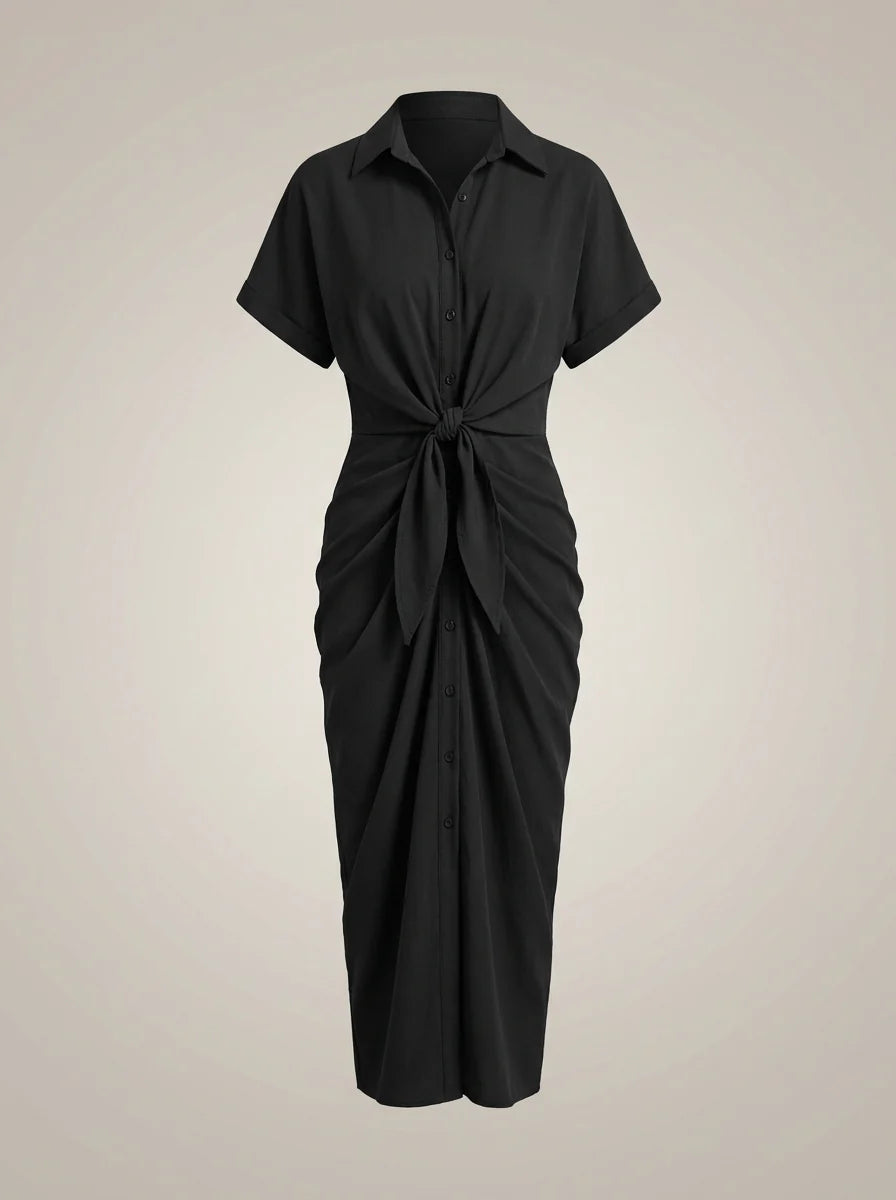 Volledige lengte beeld van midi blousejurk met relaxte pasvorm en gestructureerde details