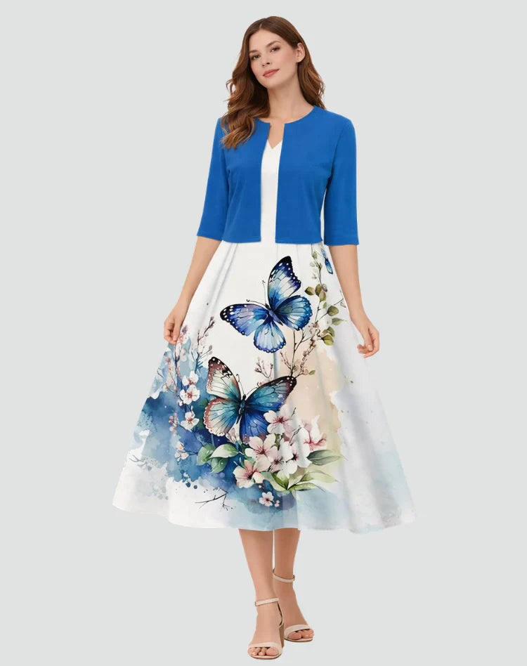 Anouk | Tweedelige Set Met Gebloemde Midi Jurk En Jasje Blauw