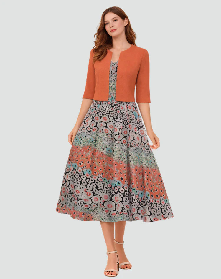 Anouk | Tweedelige Set Met Gebloemde Midi Jurk En Jasje Bruin