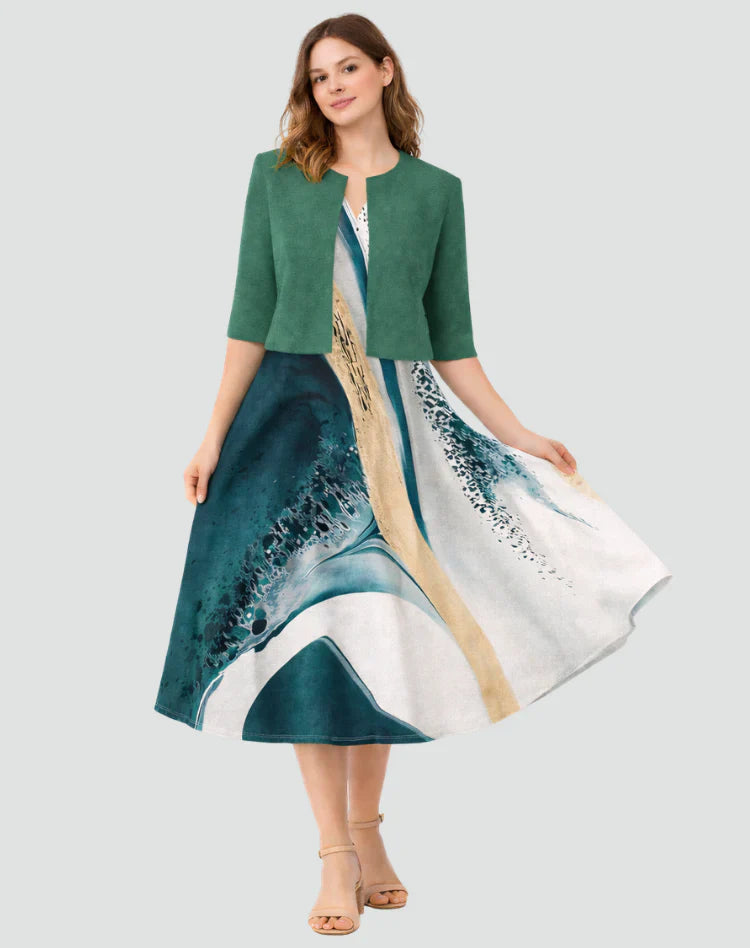 Anouk | Tweedelige Set Met Gebloemde Midi Jurk En Jasje Groen