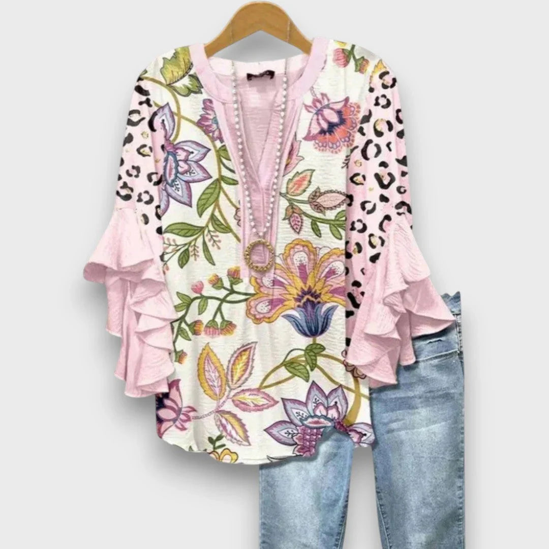 Bo | Blouse V-hals Rüschenmouwen Bloemenprint Roze