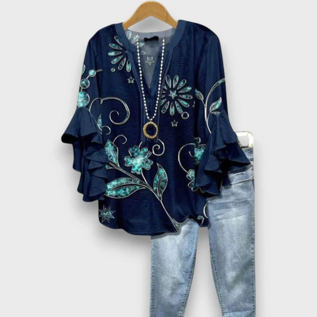 Bo | Blouse V-hals Rüschenmouwen Bloemenprint Donkerblauw