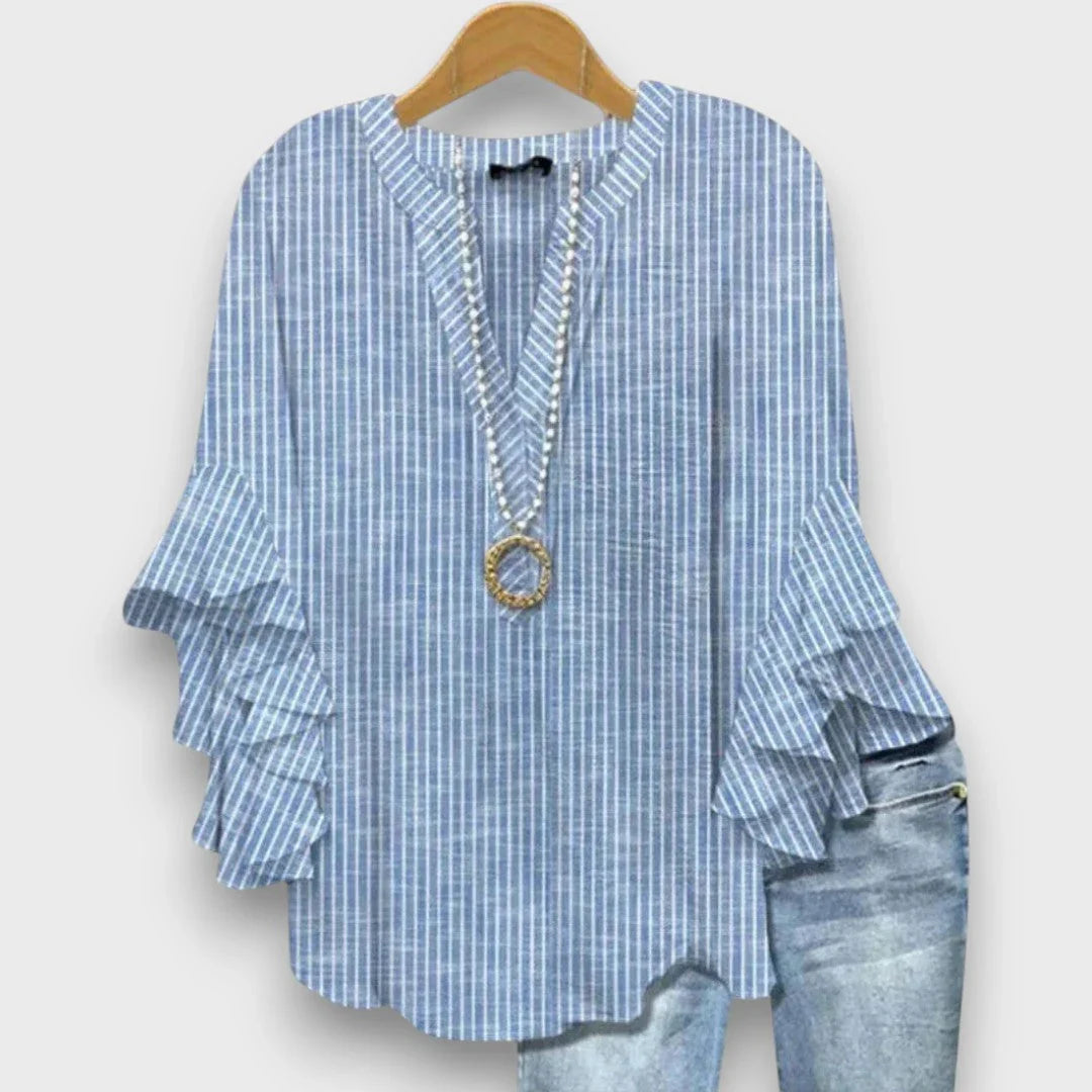 Bo | Blouse V-hals Rüschenmouwen Bloemenprint Blauw