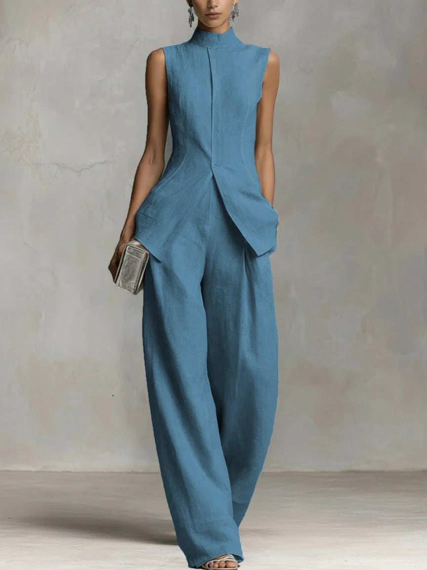 Bo | Dames Linnen Wide-Leg Broek Set Staande Kraag Meer Blauw
