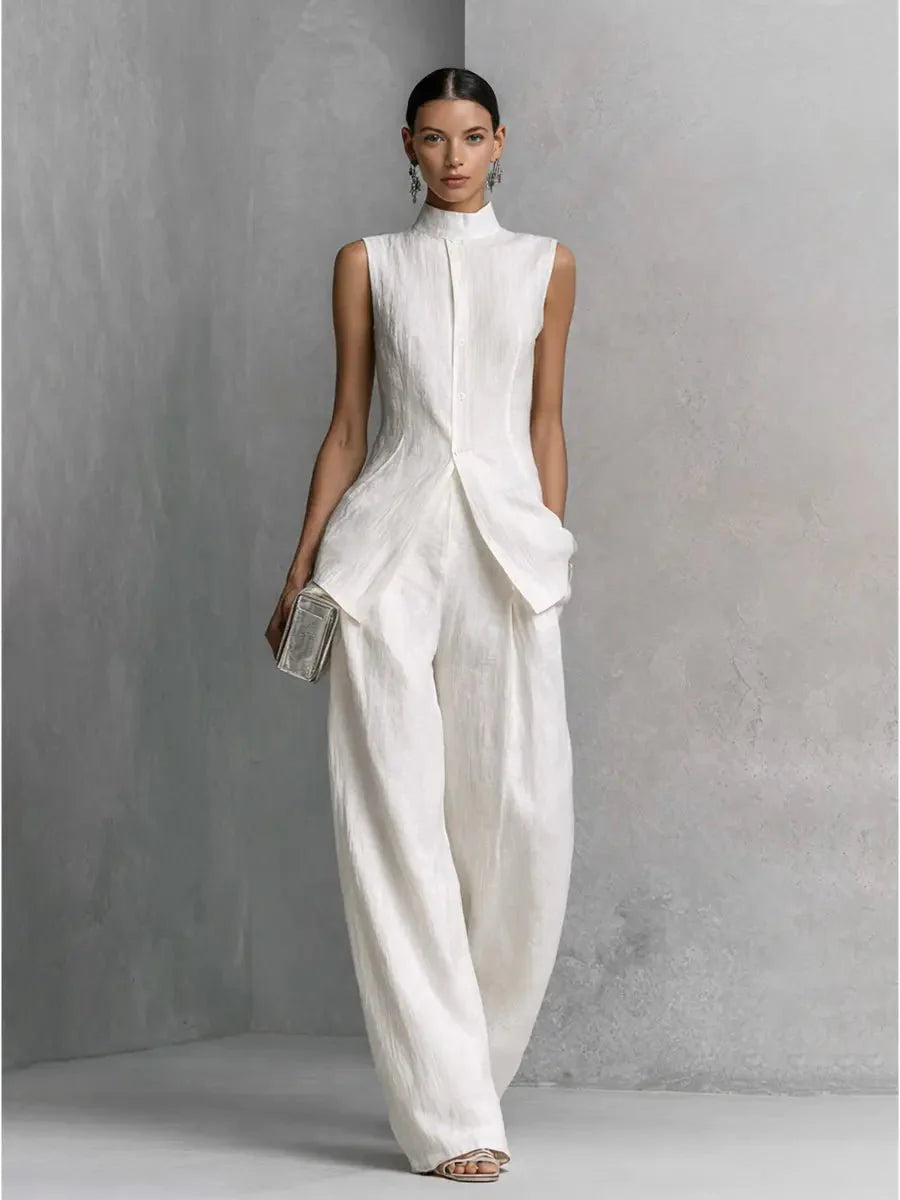 Bo | Dames Linnen Wide-Leg Broek Set Staande Kraag