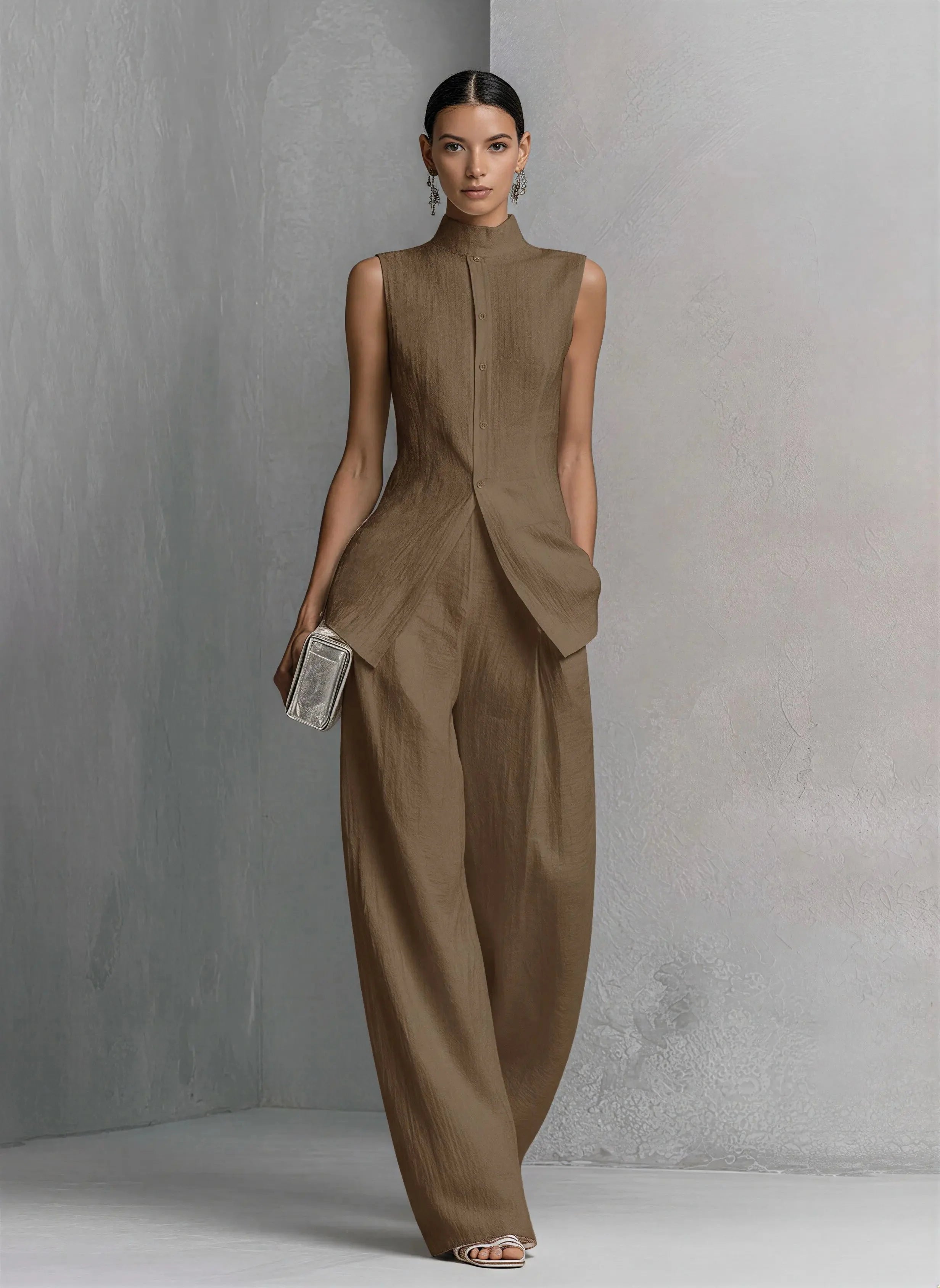 Bo | Dames Linnen Wide-Leg Broek Set Staande Kraag Khaki