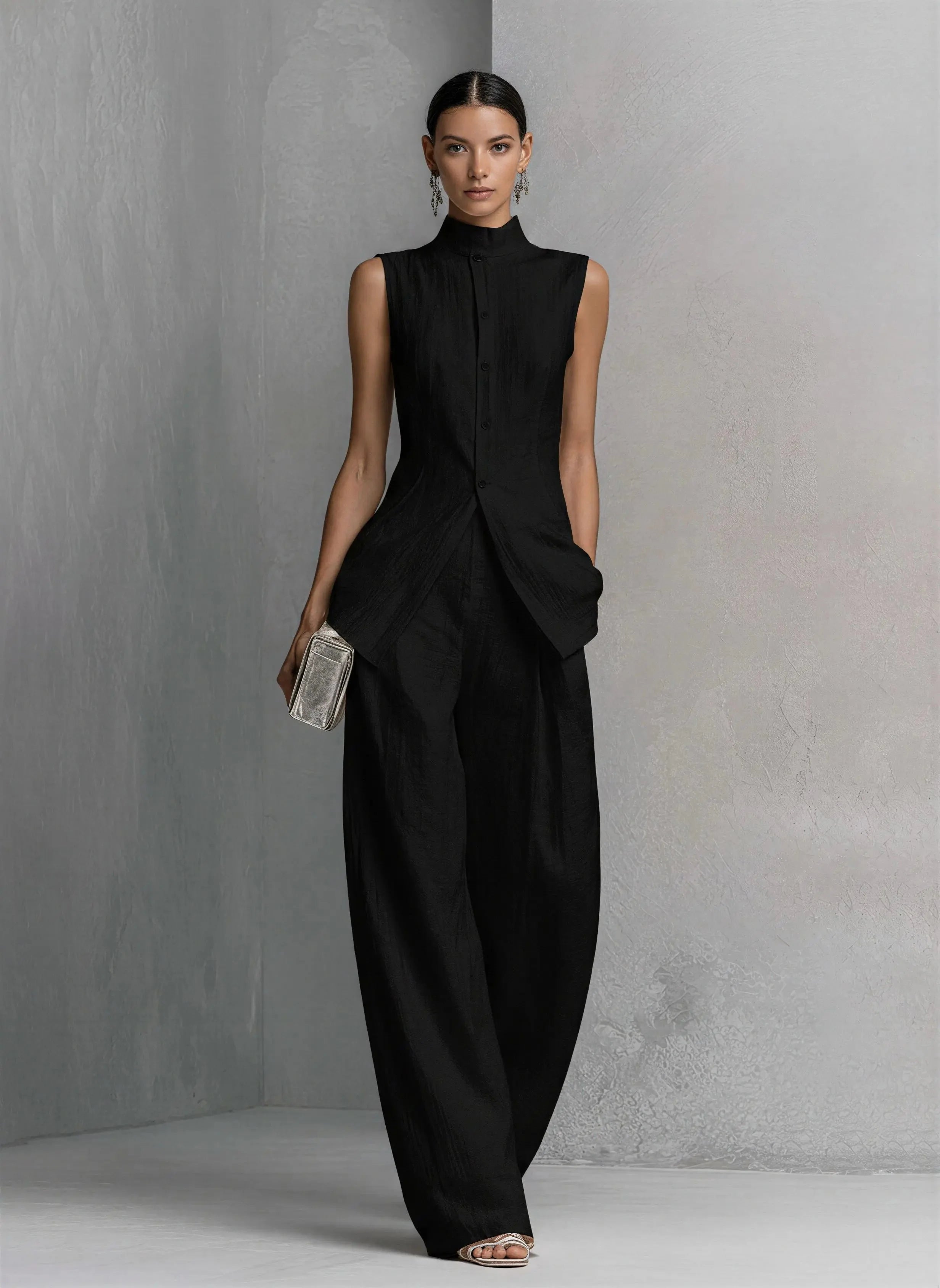 Bo | Dames Linnen Wide-Leg Broek Set Staande Kraag Zwart