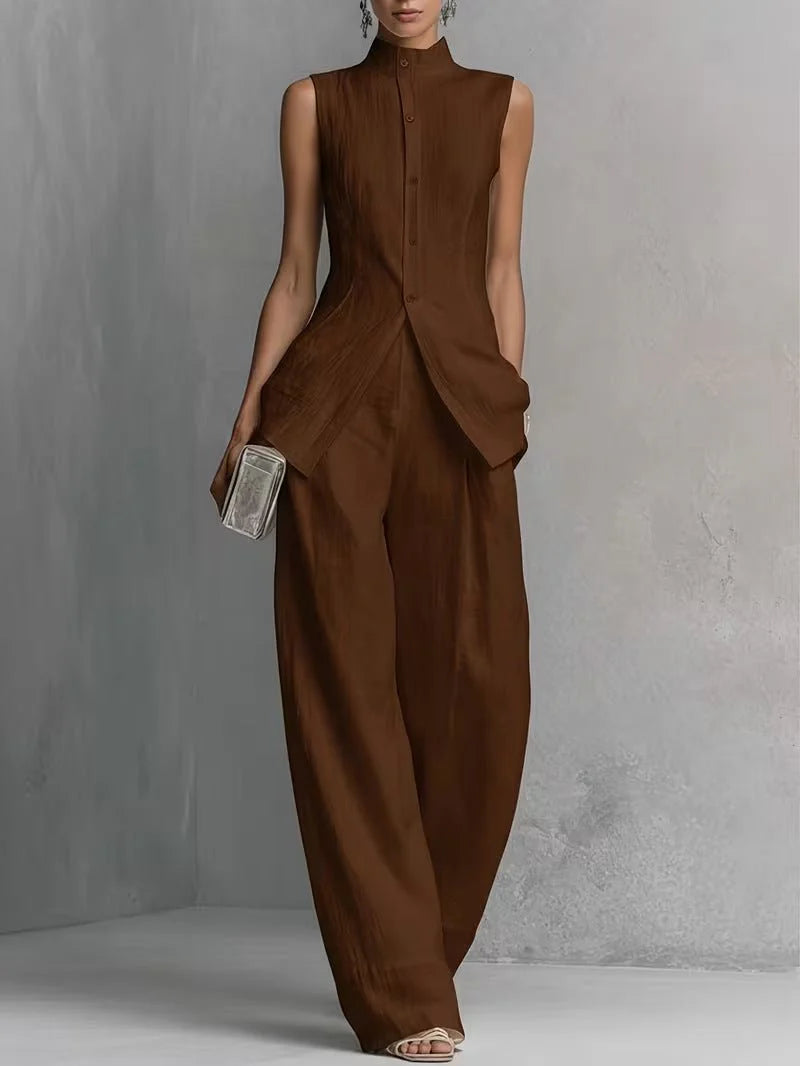 Bo | Dames Linnen Wide-Leg Broek Set Staande Kraag Bruin