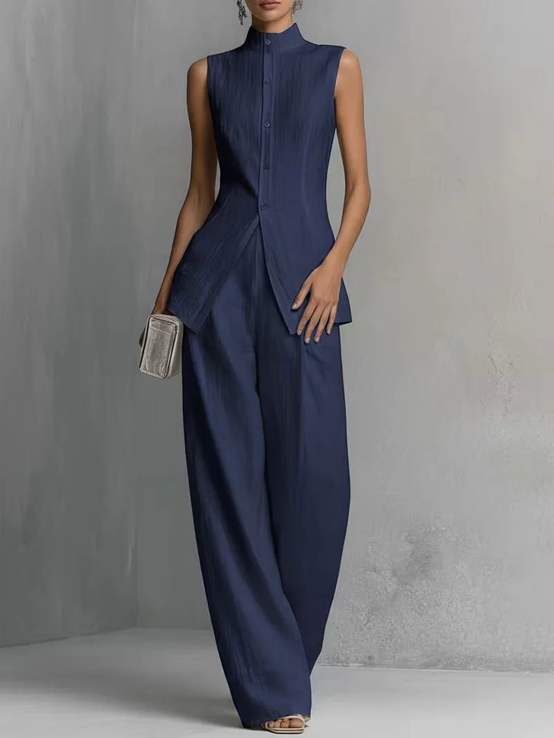Bo | Dames Linnen Wide-Leg Broek Set Staande Kraag Donkerblauw