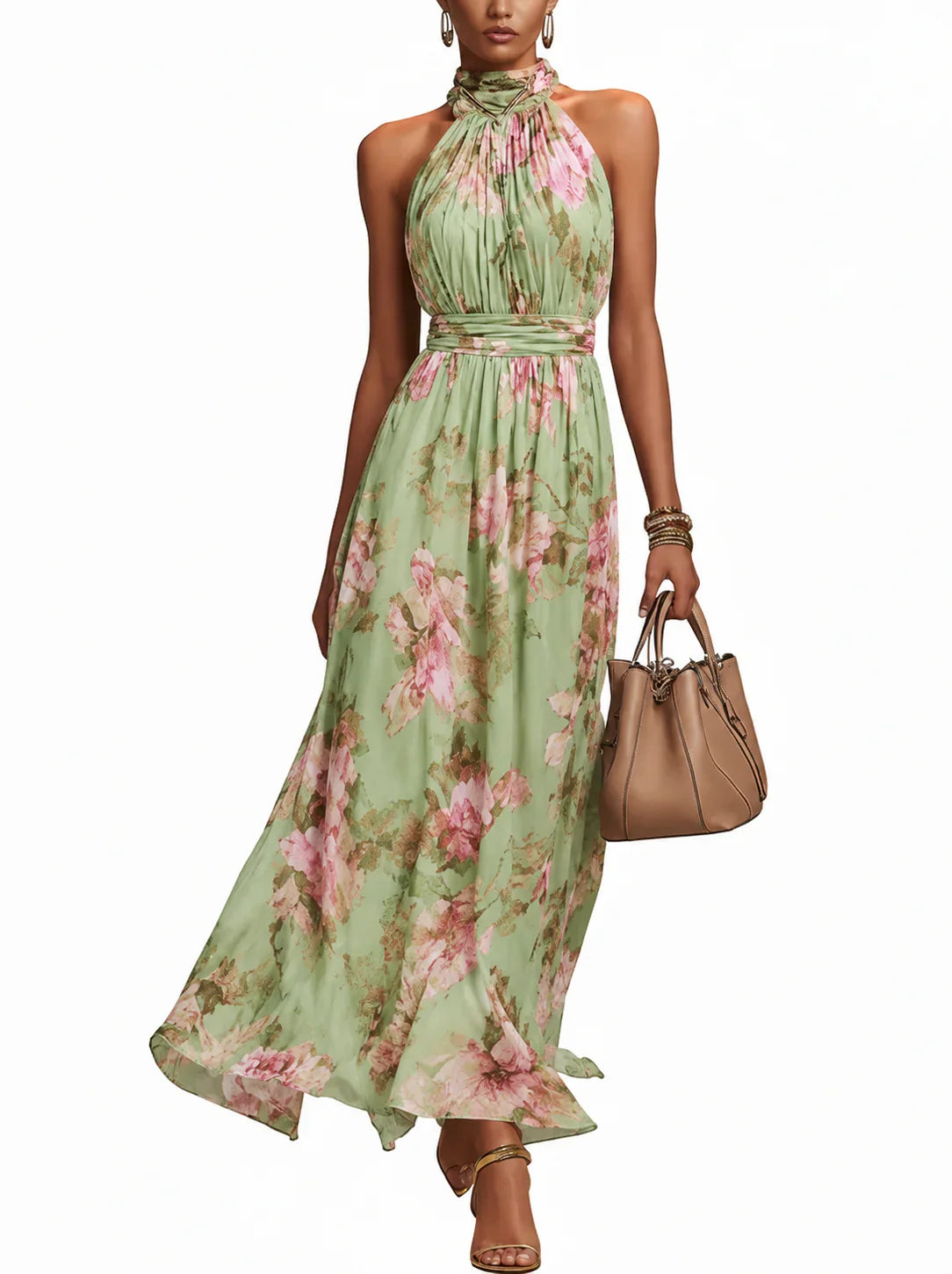 Bo | Dames Maxi Jurk met Halternek en Bloemenprint Groen