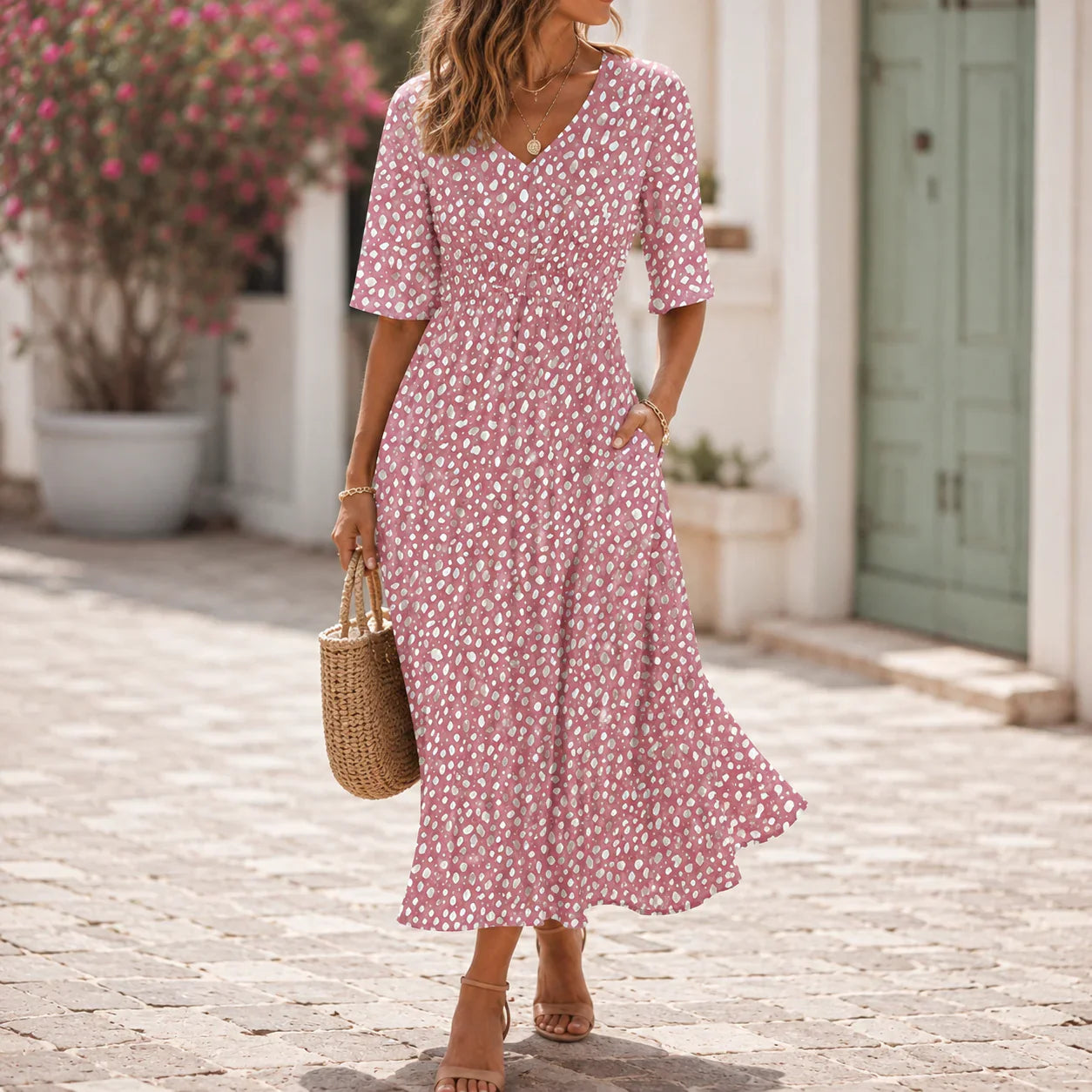 Bo | Midi Jurk Met Stippenprint Roze