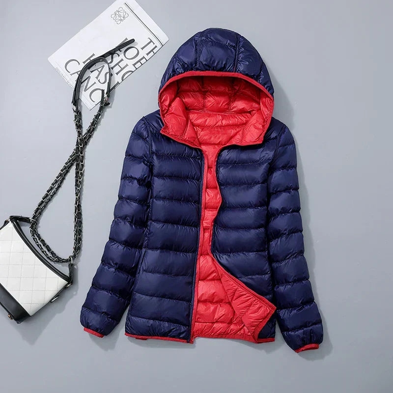 Dames puffer jas met volledige ritssluiting en moderne silhouet vooraanzicht