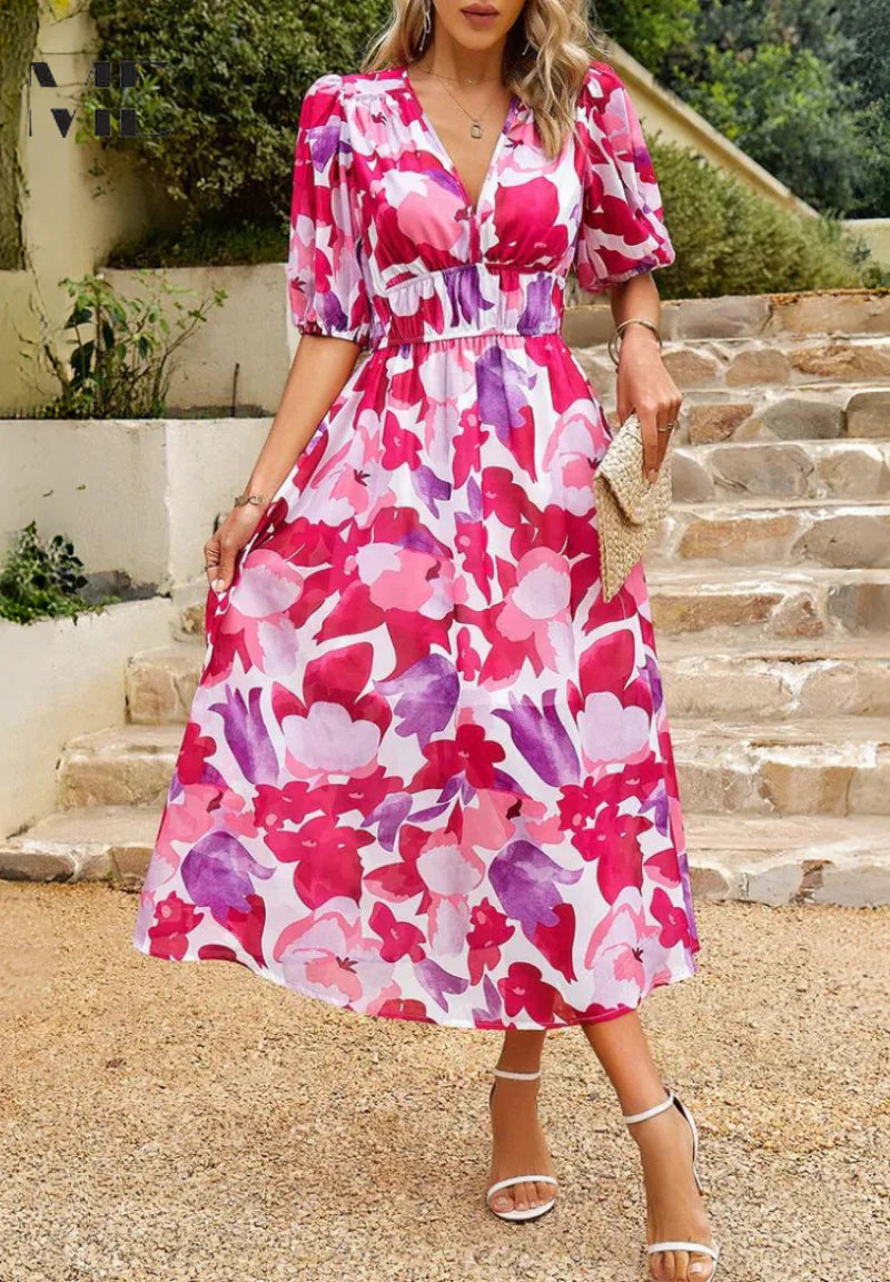 Daphne | Bloemenprint Midi Jurk V-Hals