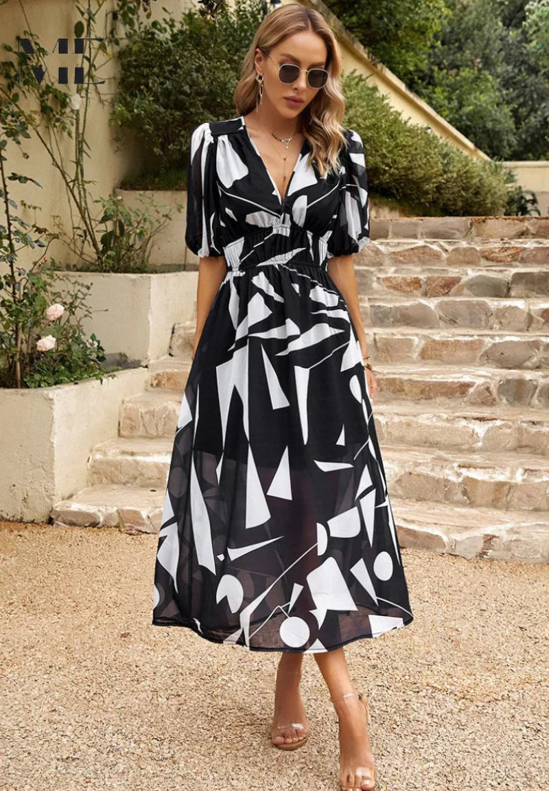 Daphne | Bloemenprint Midi Jurk V-Hals Zwart