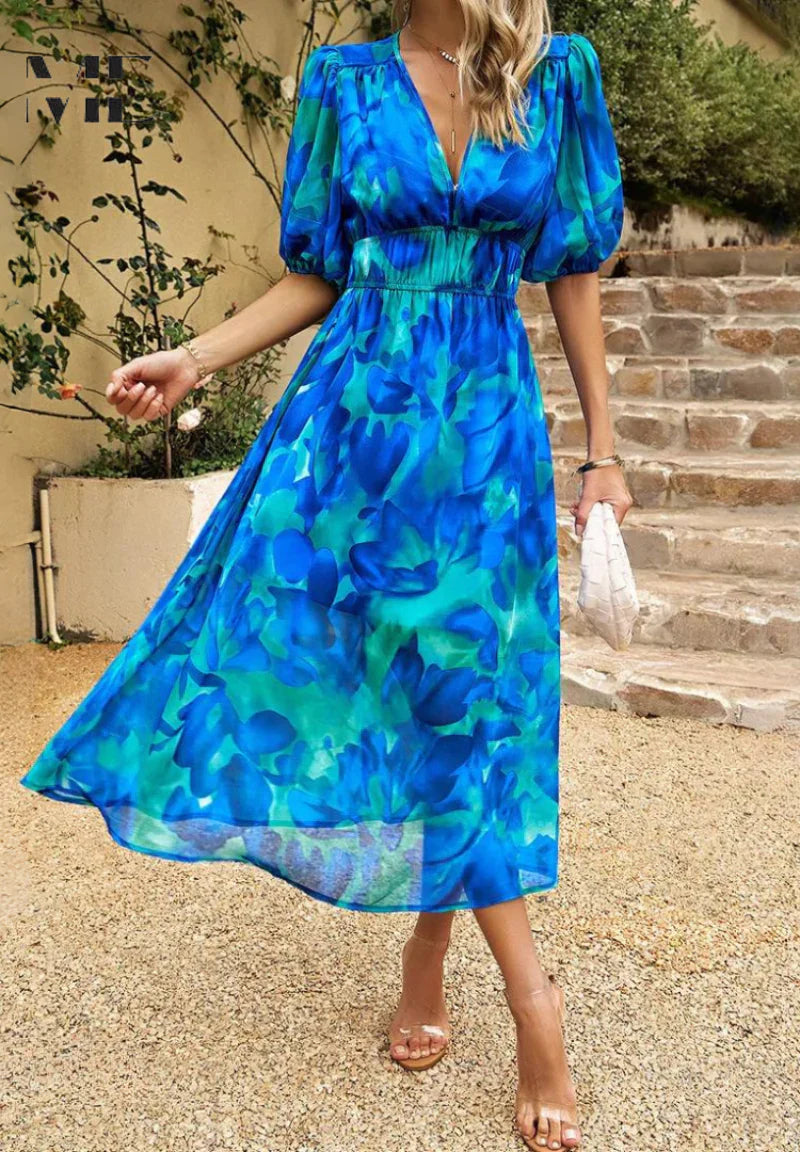 Daphne | Bloemenprint Midi Jurk V-Hals