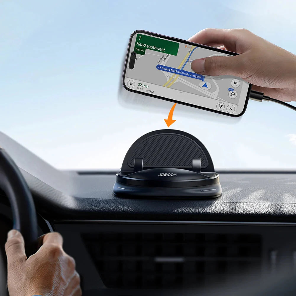 Universele telefoonhouder auto met 360 graden draaimechanisme op dashboard gemonteerd tijdens navigatie
