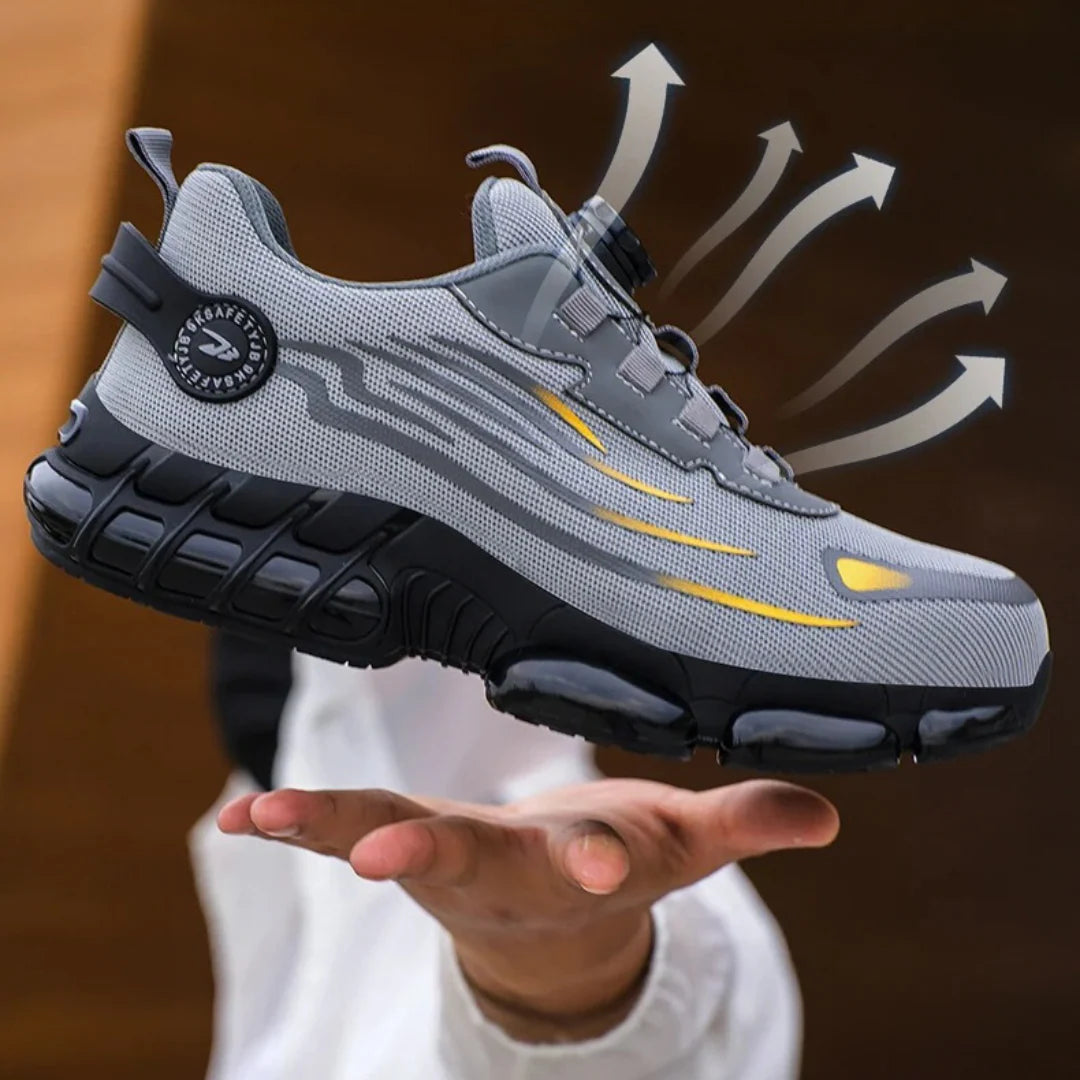 Detail van draaisluiting op heren werkschoenen voor snelle en precieze pasvorm aanpassing