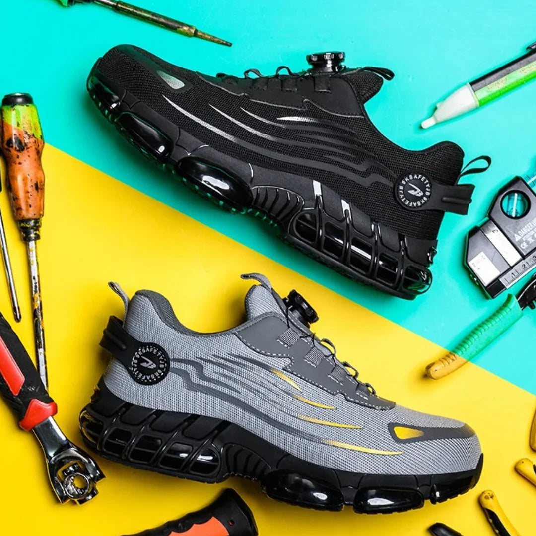Zijaanzicht van heren werkschoenen met ademend mesh bovenwerk en antislip gripzool
