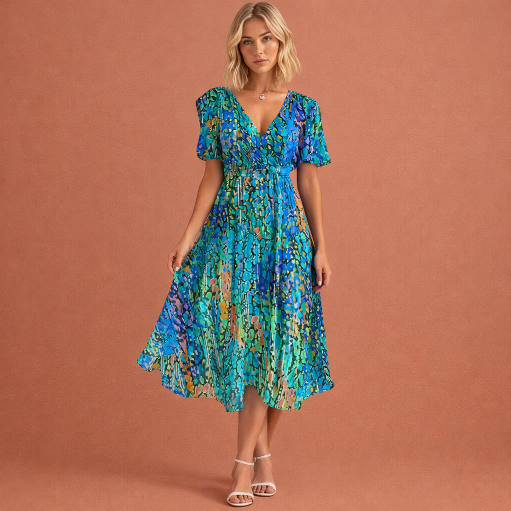 Esmee | Midi Jurk Bloemenprint Korte Mouwen Blauw
