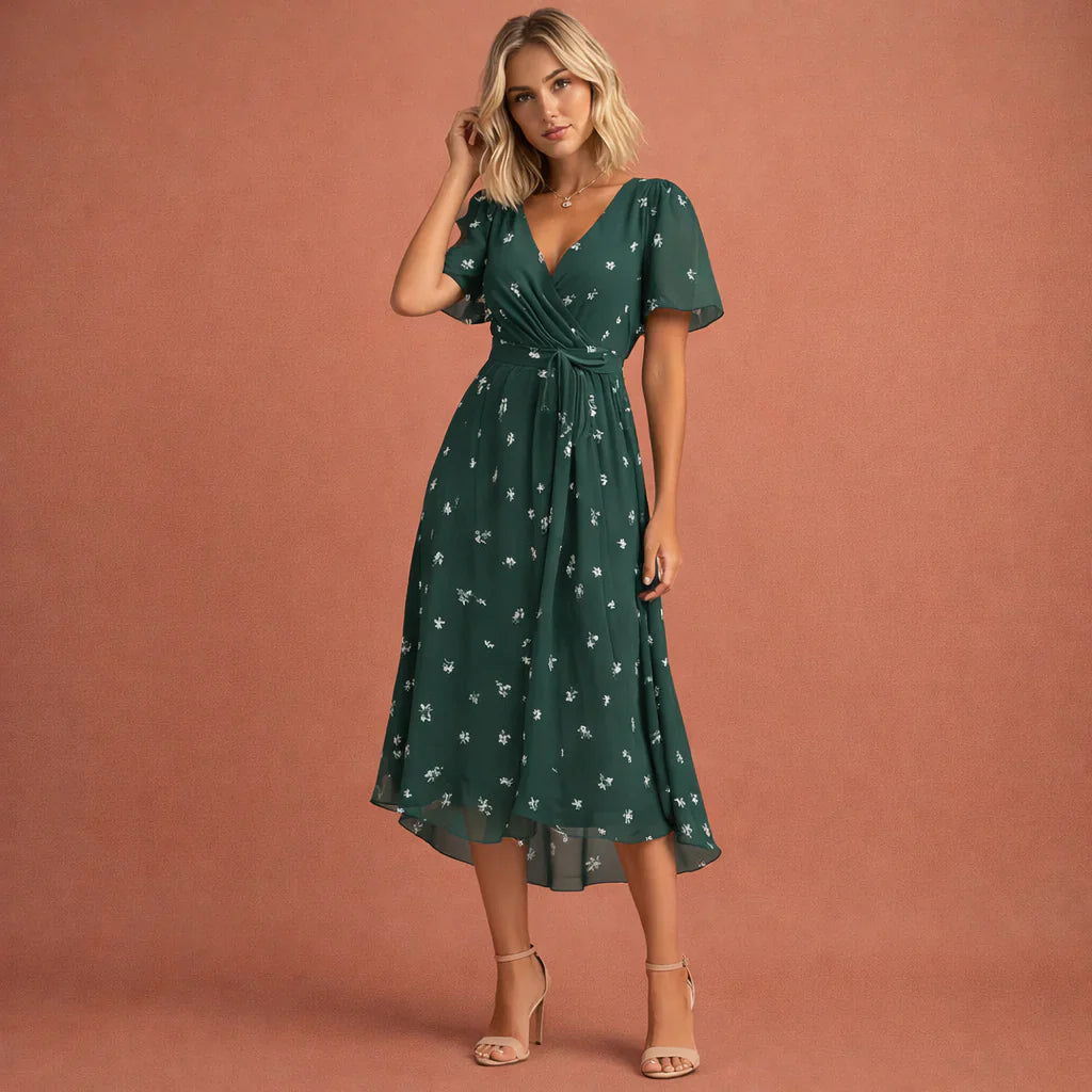 Esmee | Midi Jurk Bloemenprint Korte Mouwen Groen