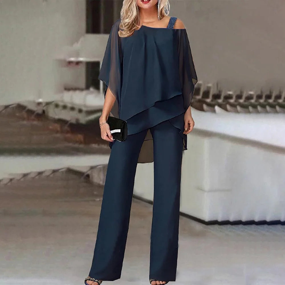 Eva | Dames Jumpsuit Set Off-Shoulder Overlay Top Donkerblauw